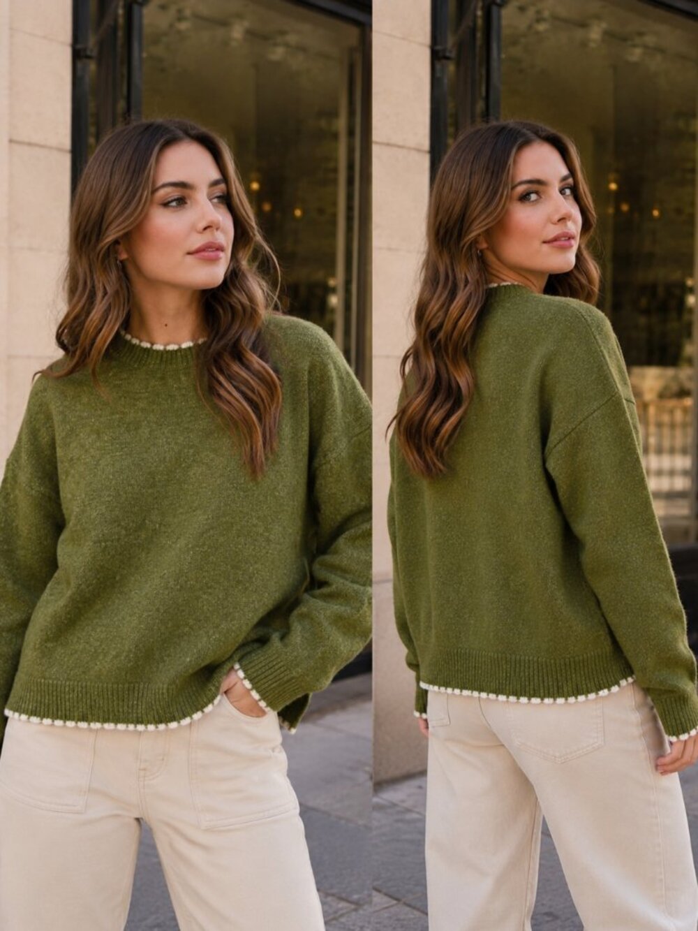 Taryn Contrast Knit Scalloped Edge Sweater | Women's Olive Green Winter Top